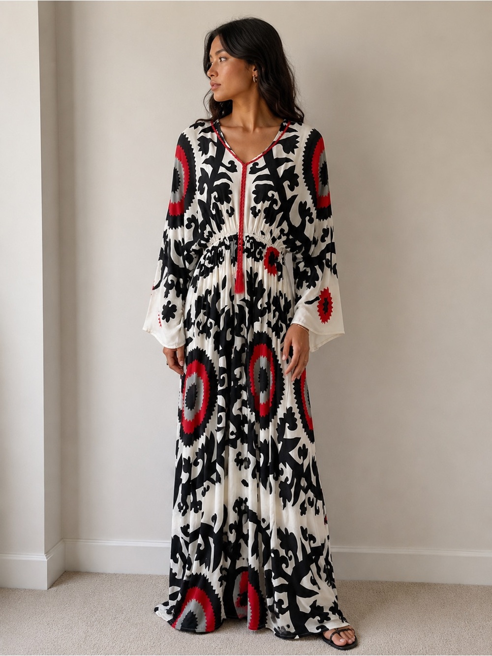 Boho Maxi Dress in Black, White & Red - V-Neck Bell Long Sleeve Maxi Dress Sz L